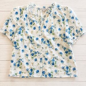 Nanette Nanette Lepore Floral Peasant Blouse Medium Blue White Cottagecore